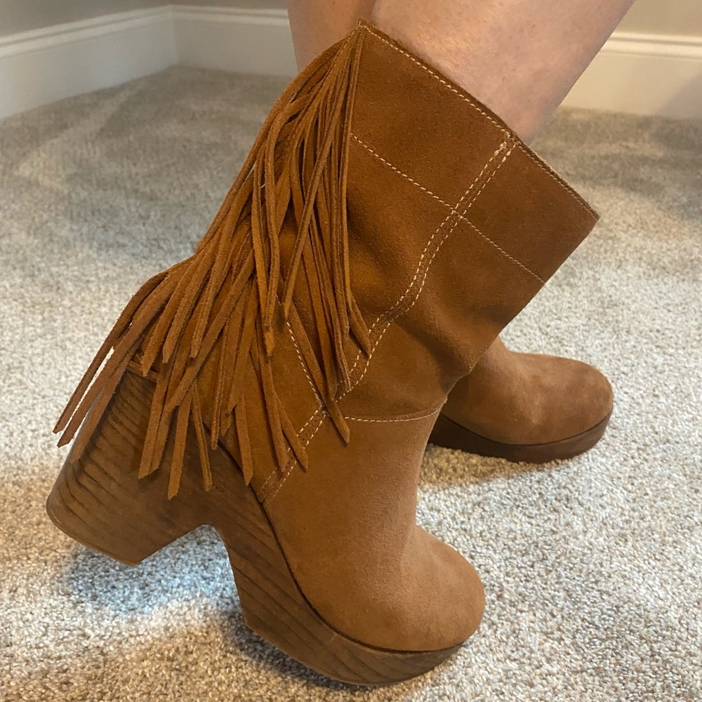 Freebird by Steven Farah brown leather suede fringe platform clog boot